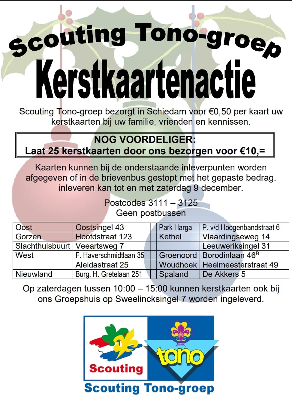 Laat uw kerstkaarten bezorgen door de Scouting Tono-groep
