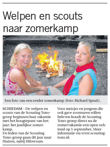  Het zomerkamp van de welpen en de scouts werd aangekondigd in de Waterweg Dichtbij van 8 juli 2015, op pagina 5. Foto: Astrid Lansbergen