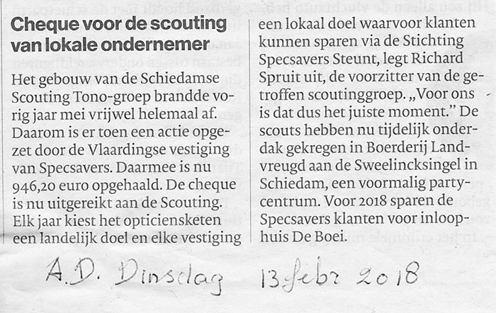 Een jaar lang spaarden de klanten van Specsavers Vlaardingen voor de Scouting Tono-groep