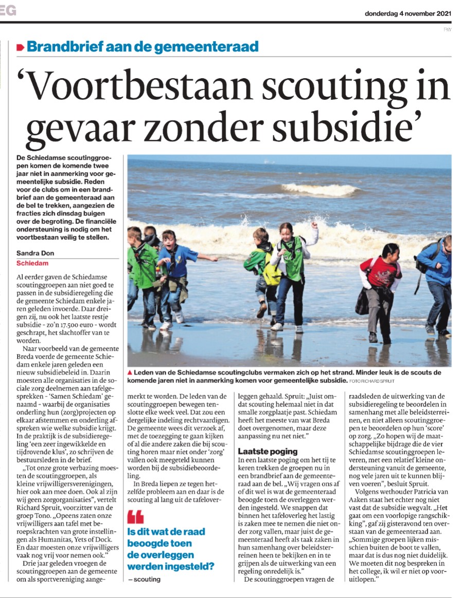 De schiedamse scoutinggroepen stuurden een brandbrief naar de gemeenteraad over de voorgenomen beëindiging van de subsidie