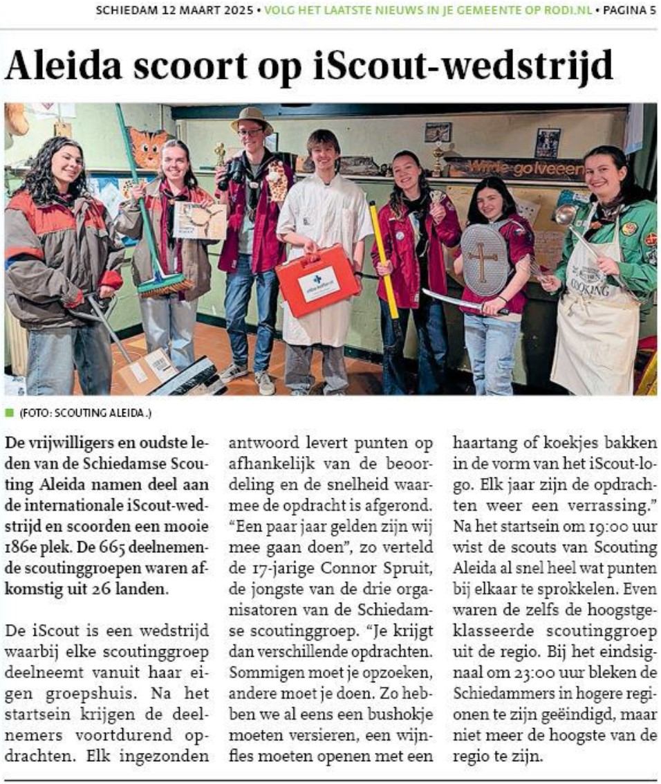 Nieuwsblad Schiedam en nieuwssite De Schiedammer Online plaatsten mooie artikelen over de deelname van Scouting Aleida Schiedam aan de iScout 2025
