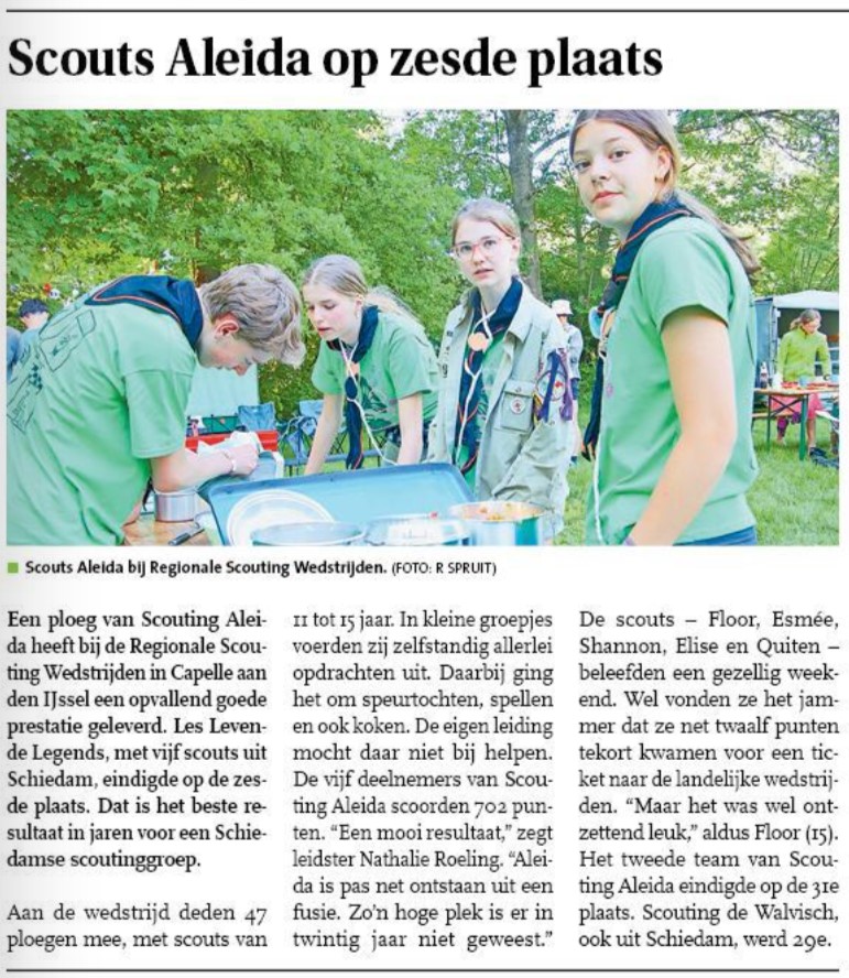 Op pagina 21 van Nieuwsblad Schiedam van 21 mei 2025 een artikel over de goede score van de scouts van Scouting Aleida Schiedam