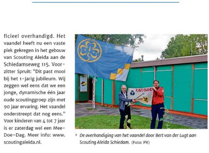 Op pagina 21 van Nieuwsblad Schiedam van 17 september 2025 een artikel over de terugkeer van het vaandel van de Ravo-band
