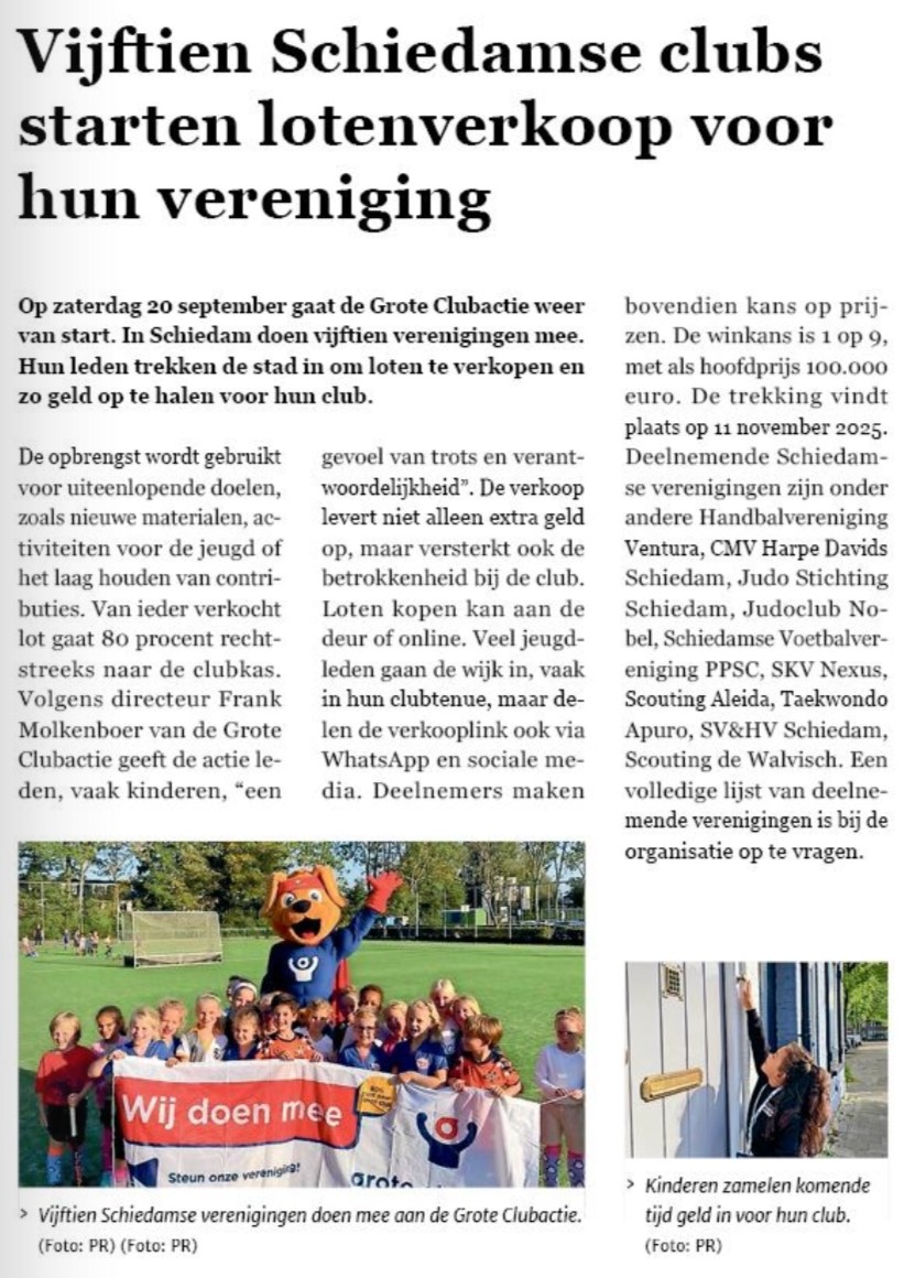 Op pagina 29 van Nieuwsblad Schiedam van 24 september 2025 een overzicht van de deelnemende verenigingen aan de Grote Clubactie in Schiedam