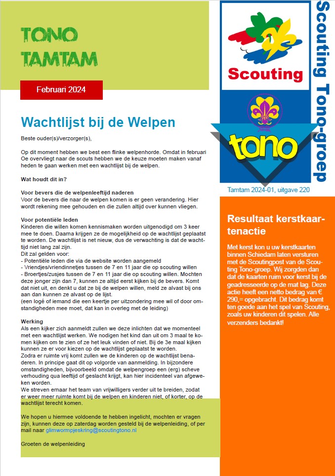 De Tono Tamtam van januari 2024 van de Scouting Tono-groep Schiedam